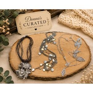 Donna's Curated Collection 3 Necklace Lot Boho Silver Filigree Charm Layered